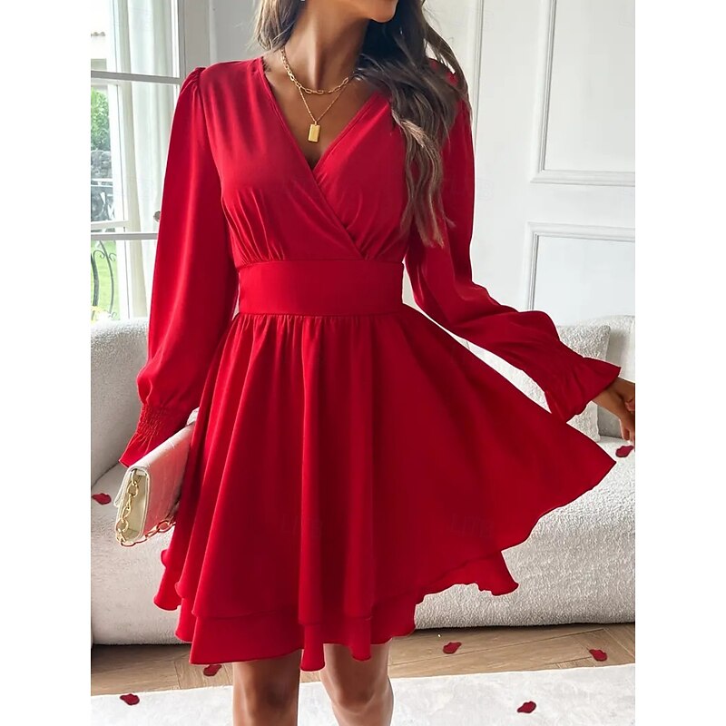 Women's Mini Dress Casual Dress A Line Dress Stylish Casual Vacation Daily Regular Fit Plain Long Sleeve V Neck Black Red Summer Spring4