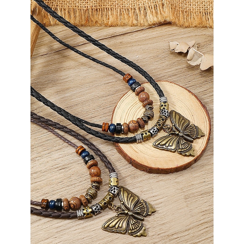 Vintage Butterfly Pendant Leather Necklace – Boho-Style Adjustable Beaded Jewelry for Women and Men, Perfect for Casual and Festival Wear4