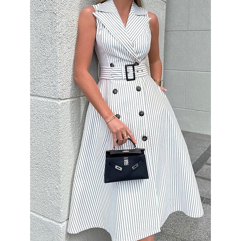Women's Long Dress Maxi Dress Blazer Dress A Line Dress Elegant Stylish Formal Work Daily Date Regular Fit Stripe Sleeveless Shirt Collar White Summer Spring Fall