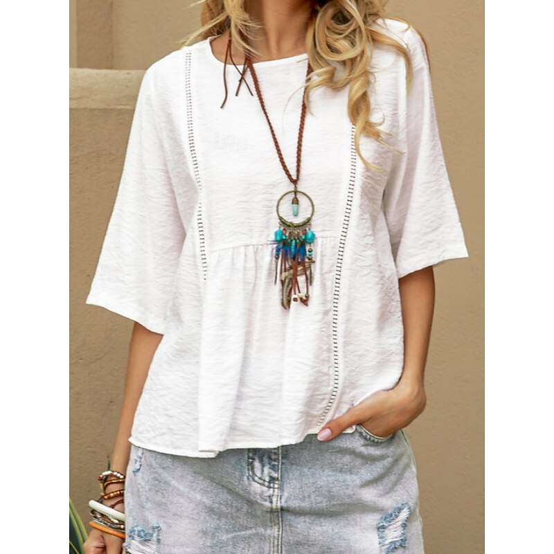 Women's Shirt Blouse Cotton Linen Shirts Solid Color Basic Casual 3/4 Length Sleeve Crew Neck Regular Tops Daily White Summer Spring
