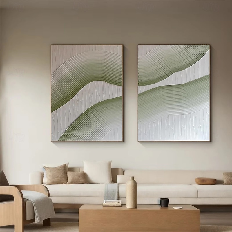 Handmade Oil Painting Wall Art Set of 2 Green White Abstract Painting on Canvas A Pair Beige Texture Wall Art Neutral Abstract Wall Art Wall Decor