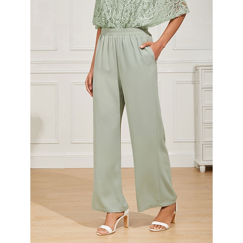 Women's Wide Leg Chinos Basic Full Length High Waist Plain Pocket Elastic Waistband Comfy Soft Comfortable Micro-elastic Formal Wedding Gray Green Summer Spring Regular Fit2