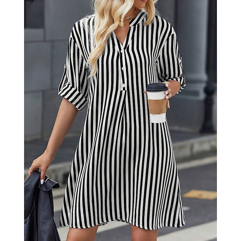 Women's Mini Dress Shirt Dress Casual Dress Summer Dress Stylish Casual Vacation Daily Date Regular Fit Stripe Long Sleeve V Neck Black Blue Summer Spring2