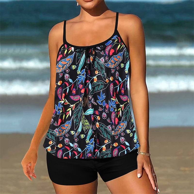 Women's Tankini Two Piece Swimsuit Swimwear Swimwear Black Blue Breathable Quick Dry Lightweight Sleeveless - Swimming Surfing Beach Summer Spring Plus Size2