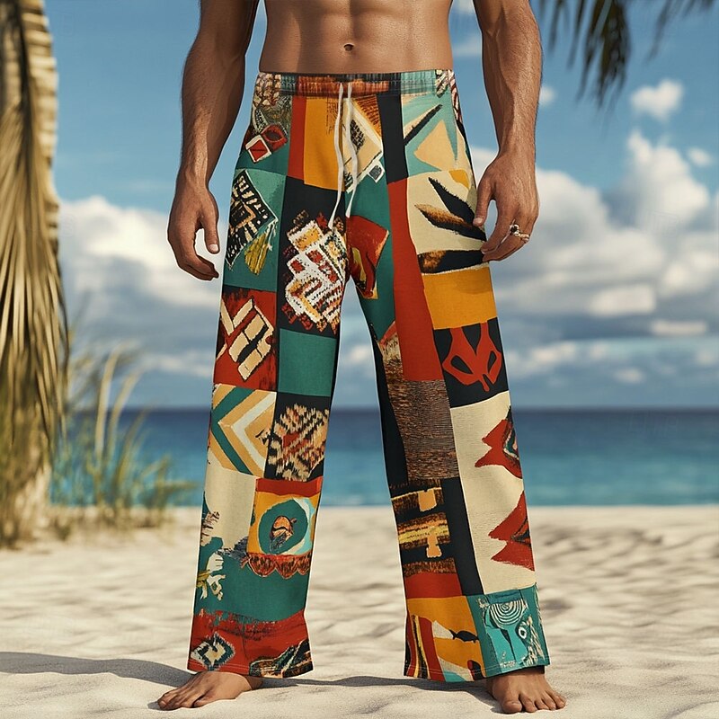 Men's Color Block Patchwork Trousers Casual Pants Drawstring Elastic Waist Hawaiian Ethnic Vintage Retro Outdoor Vacation Holiday Side Pockets Straight Leg Trousers Summer Spring Fall 3D Print Blue