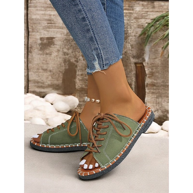 Women's Green Open-Toe Lace-Up Canvas Sandals with Hand-Stitched Sole – Casual and Comfortable for Summer, Travel and Outdoor Activities2