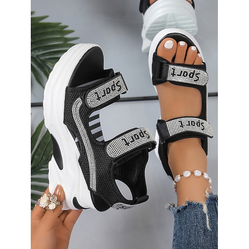 Women's Sporty Platform Sandals with Mesh Straps and Rhinestone Accents – Comfortable Wedge Design for Casual Wear, Travel and Outdoor Activities4