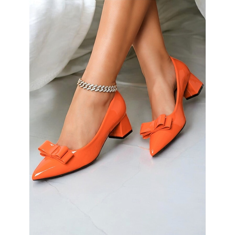 Women's Chic Orange Patent faux Leather Pumps - Pointed-Toe Block Heels with Bowknot Design, Perfect for Office, Parties, and Formal Occasions2
