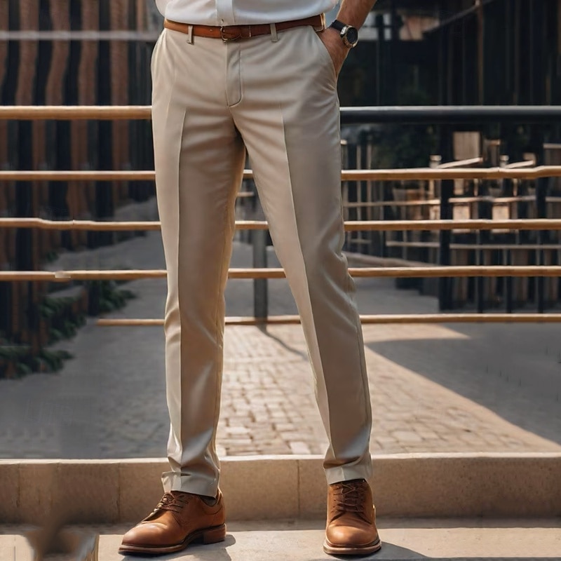 Men's Graduation Dress Pants Trousers Chinos Buttons Pocket Plain Comfort Formal Party Work Fashion Classic Style Black Khaki Micro-elastic