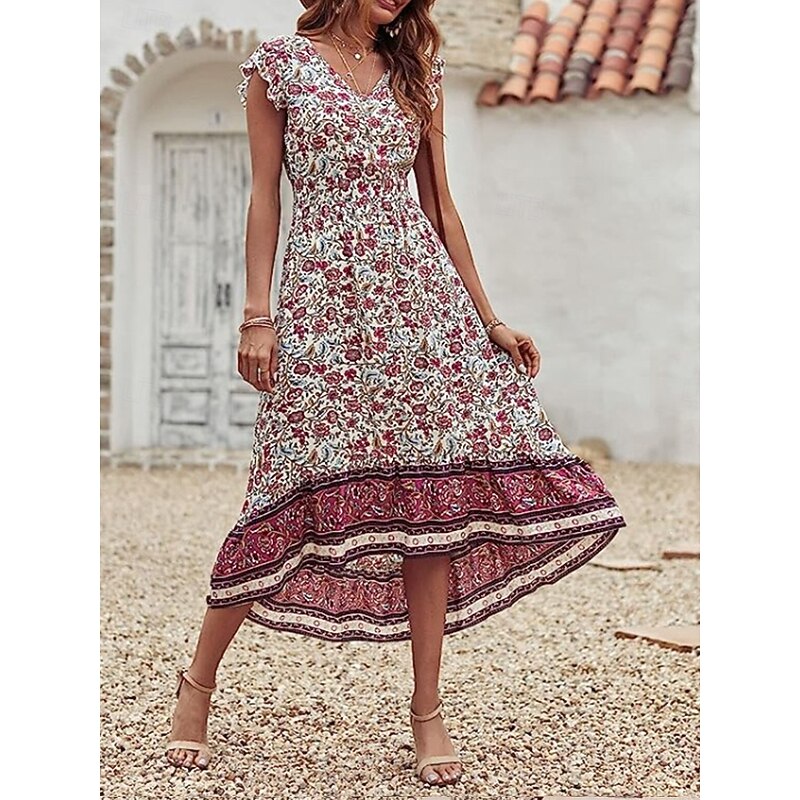 Women's Midi Dress Casual Dress A Line Dress Boho Dress Stylish Casual Vacation Daily Regular Fit Floral Short Sleeve V Neck Burgundy Summer2
