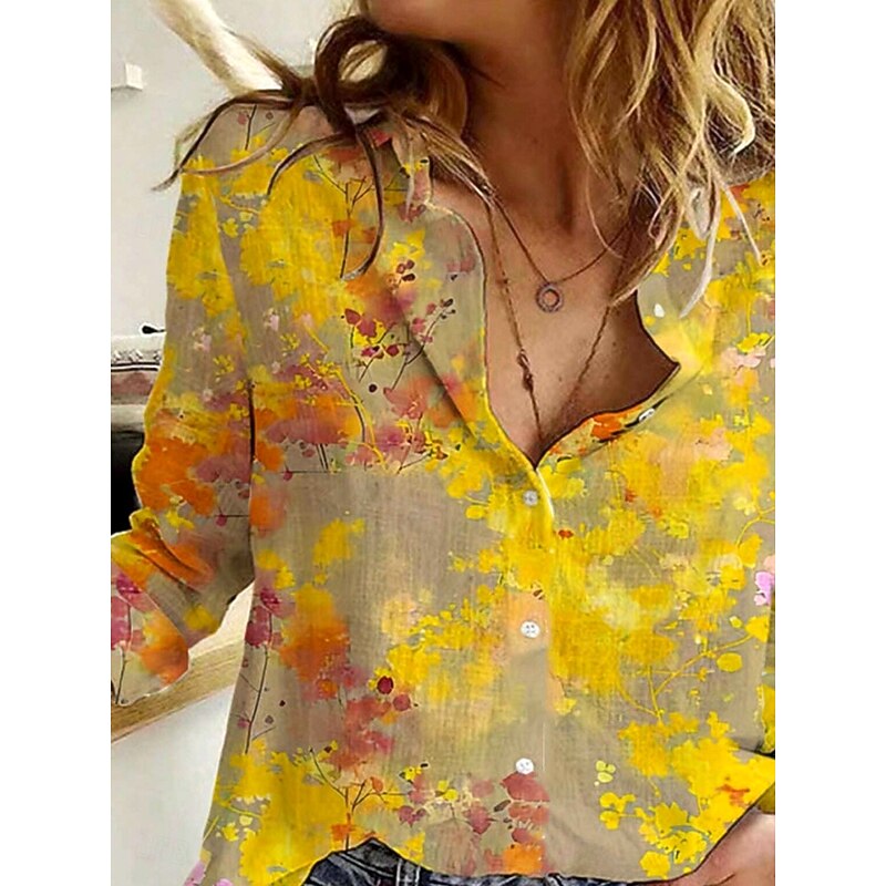 Women's Shirt Button Down Tunic Shirt Collar Long Sleeve Floral Daily Stylish Long Tops Daily s Print Yellow Spring Fall3