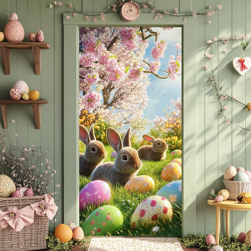 Door Decorations Door Covers Bunny Eggs Door Tapestry Door Curtain Decoration Backdrop Indoor/Outdoor Door Banner for Front Door Farmhouse2