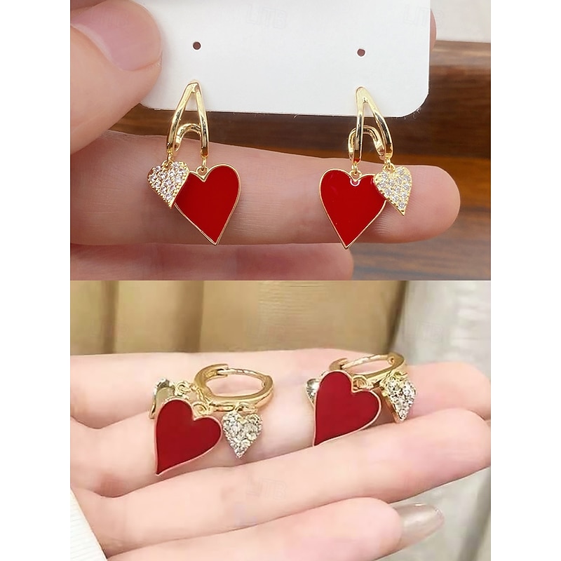 Red and Gold Heart Drop Earrings with Rhinestone Detailing – Romantic Jewelry for Women, Perfect for Valentine's Day or Date Nights4