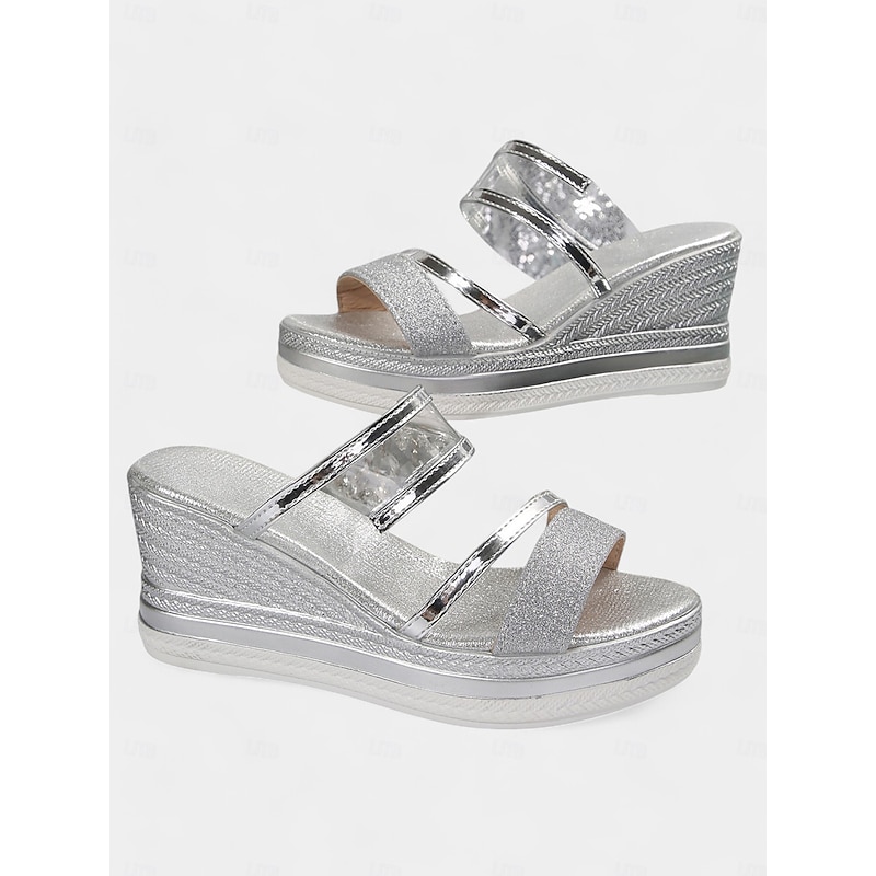Silver Glitter Wedge Sandals with Metallic Straps – Comfortable Women's Shoes for Casual and Party Wear4