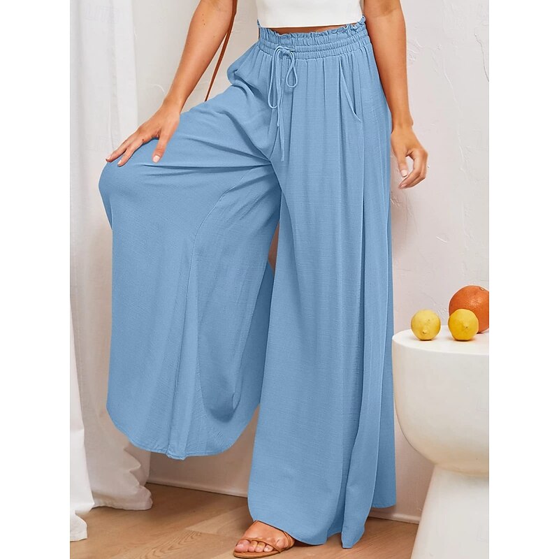 Women's Wide Leg Chinos Fashion Streetwear Full Length High Waist Plain Pocket Elastic Waistband Comfy Soft Comfortable Micro-elastic Outdoor Street Army Green Apricot Sky Blue Summer Spring Regular3