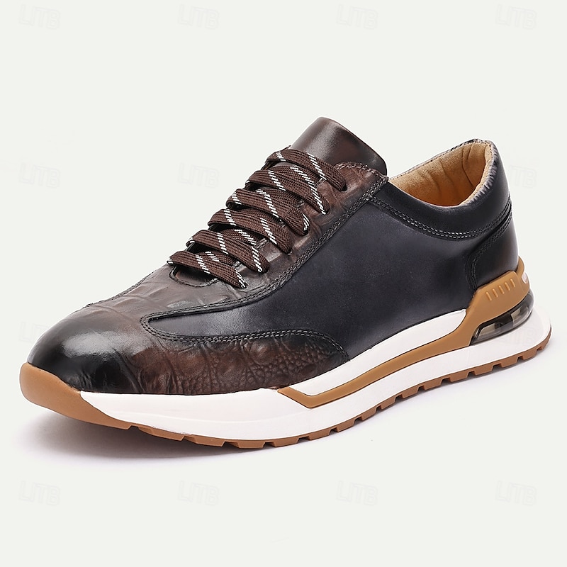 Men's Premium Cowhide Leather Sneakers - Crocodile Pattern Lace-Up Casual Shoes with Cushioned Sole for Everyday Wear and Outdoor Activities2