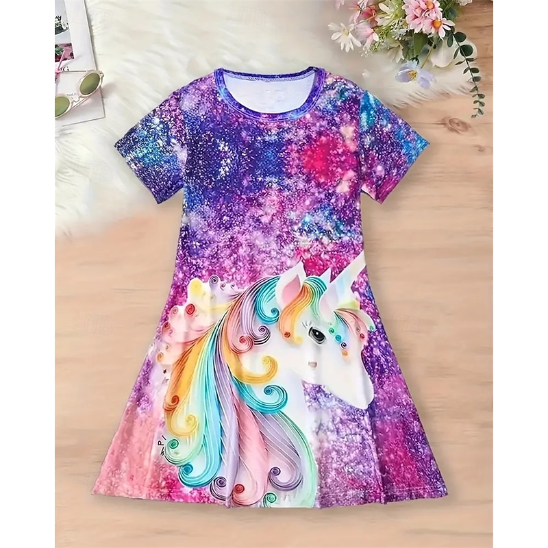 Girls' 3D Graphic Unicorn Dress Short Sleeve Summer Spring Vacation Daily Holiday Princess Beautiful Sweet Kids 4-12 Years Casual Dress Knee-length Regular Fit2