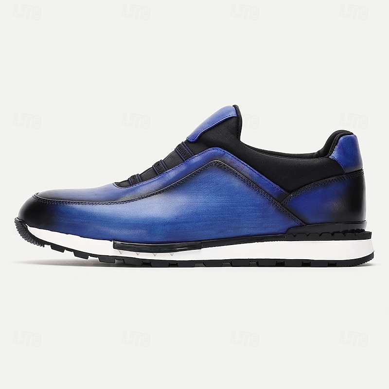 Men's Premium Cowhide Leather Sneakers - Gradient Blue Lace-Free Design with Cushioned Sole for Casual and Outdoor Wear3