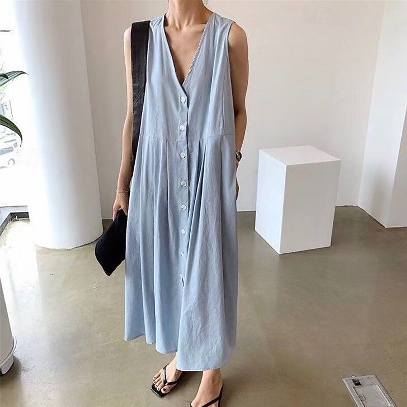 Women's Long Dress Maxi Dress Linen-Inspired Dresses Casual Dress Stylish Casual Vacation Daily Date Regular Fit Plain Sleeveless V Neck Black Blue Apricot Summer Spring