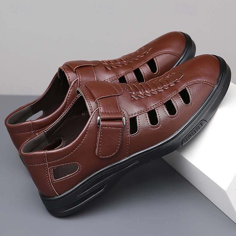 Men's Brown Faux Leather Breathable Sandals – Velcro Strap, Woven Closed-Toe Design, Comfortable Summer Footwear for Outdoor and Casual Wear3