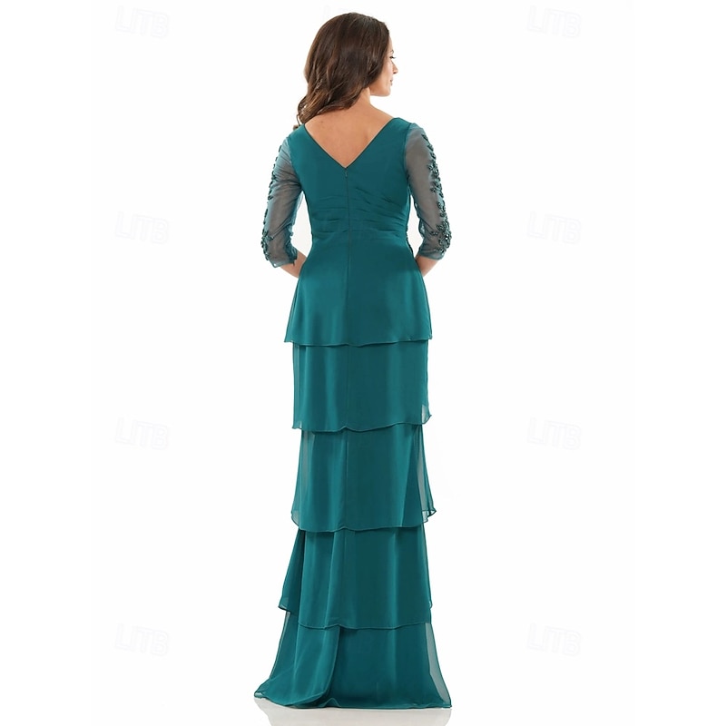 A-Line Dress Mother of the Bride Dress Formal Elegant V Neck Floor Length Chiffon 3/4 Length Sleeve with Tier Cascading Ruffles Solid Color3