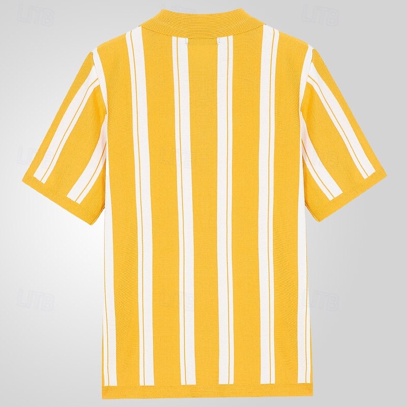 Men's Button Up Polos Golf Shirt Casual Sports Lapel Short Sleeve Fashion Basic Stripes Patchwork Buttons Summer Yellow Button Up Polos3