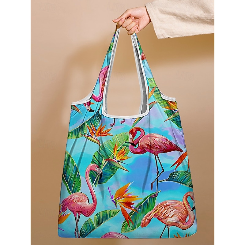 Reusable Foldable Shopping Bag with Tropical Print – Large Capacity Eco-Friendly Tote for Women, Lightweight and Durable for Groceries, Travel or Beach Use Blue Green