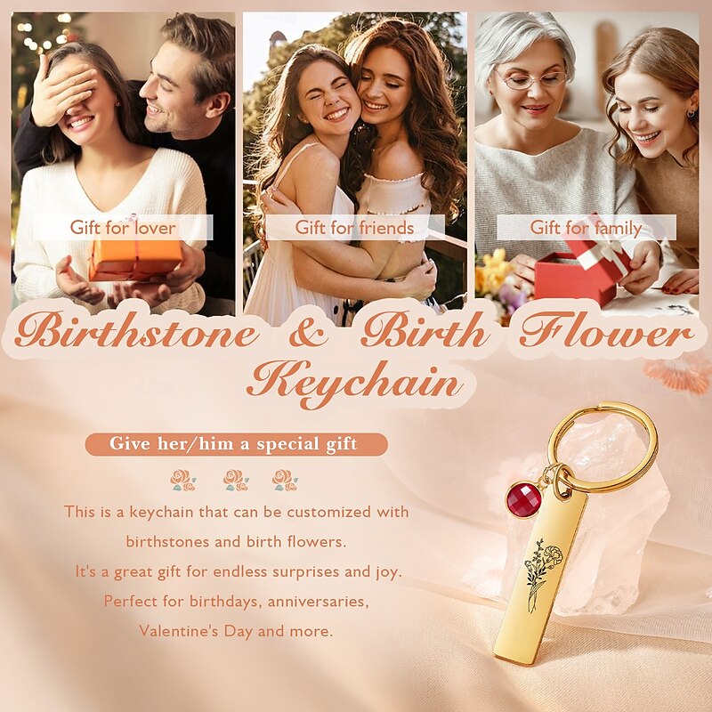 Personalized Birthstone Keychain Custom Best Gift for Mom - Birthflower Stainless Steel Pendant, Custom Wedding Gift for Couple, Gift for Women, Friends, or Lover4