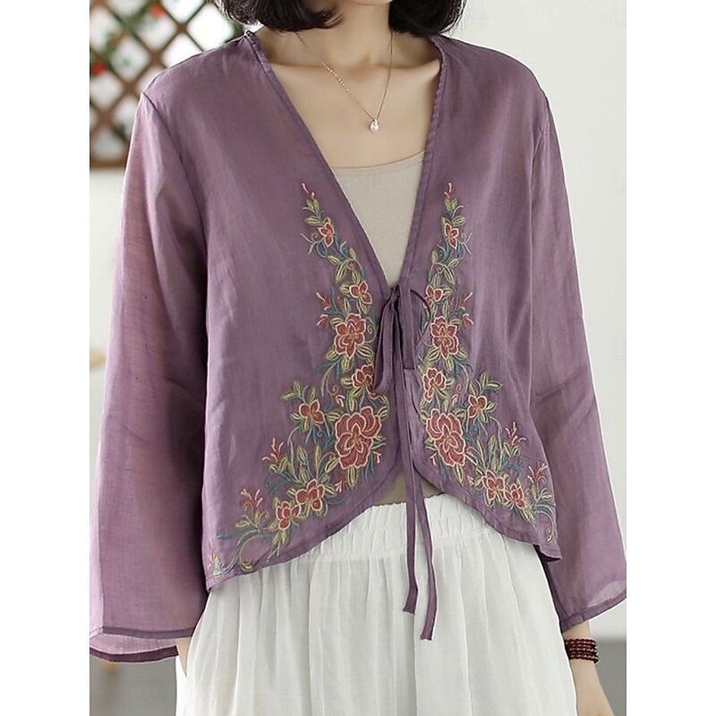 Women's Linen-Inspired Shirts Plain Casual Long Sleeve V Neck Vacation Street Daily Wear Embroidered Yellow Purple Orange Green Summer Spring