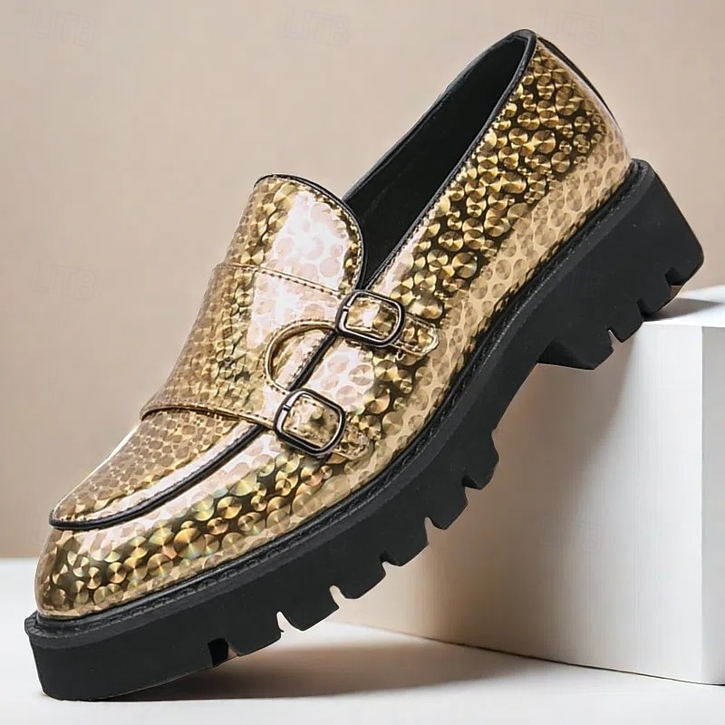 Men's Gold Metallic Loafers with Double Buckle and Chunky Sole - Stylish Party Shoes for Formal and Casual Occasions