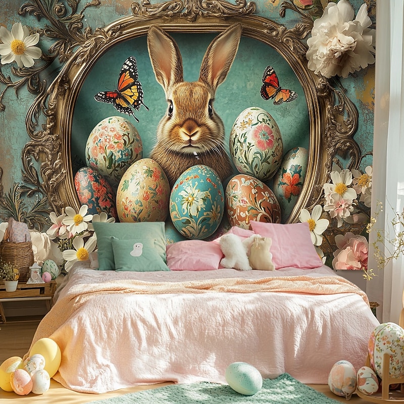 Hanging Tapestry Eggs Bunny Wall Art Large Tapestry Mural Decor Photograph Backdrop Blanket Curtain Home Bedroom Living Room Decoration