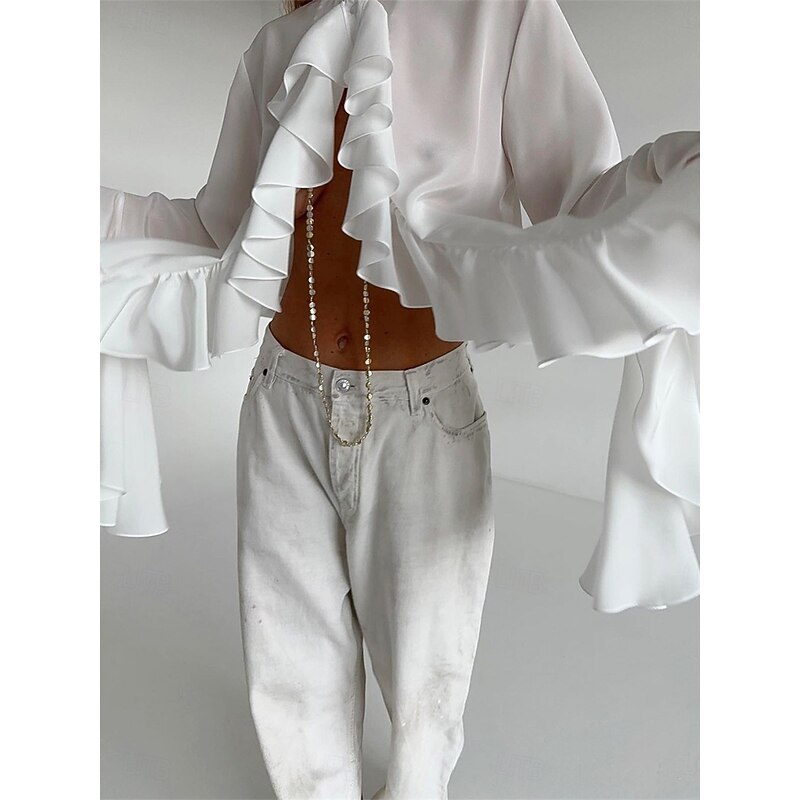 Women's Shirt Blouse Solid Color Elegant Stylish Casual Long Sleeve Crew Neck Regular Tops Work Daily Holiday Ruffle Black White Spring Fall Winter4