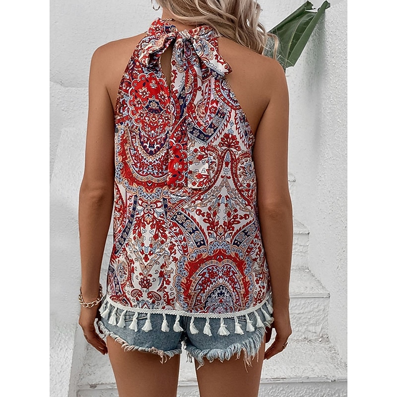 Women's Camisole Tank Top Paisley Bohemia Daily Retro Vintage Sleeveless Halter Neck Regular Tops Daily Print Fringe Red Summer2