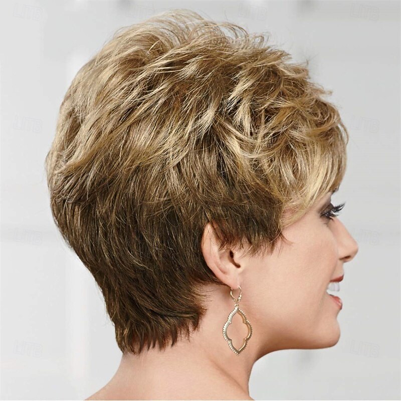Short Pixie Wig with Richly Texturized Piecey Layers and Wispy Side-Swept Bangs / Multi-tonal Shades of Blonde and Brown2