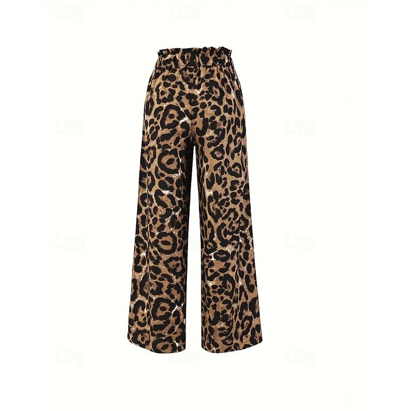 Women's Wide Leg Pants Trousers Lightweight Casual Full Length Mid Rise Leopard Pocket Drawstring Breathability Comfortable Inelastic Home Casual Daily sepia Summer Spring Regular Fit4