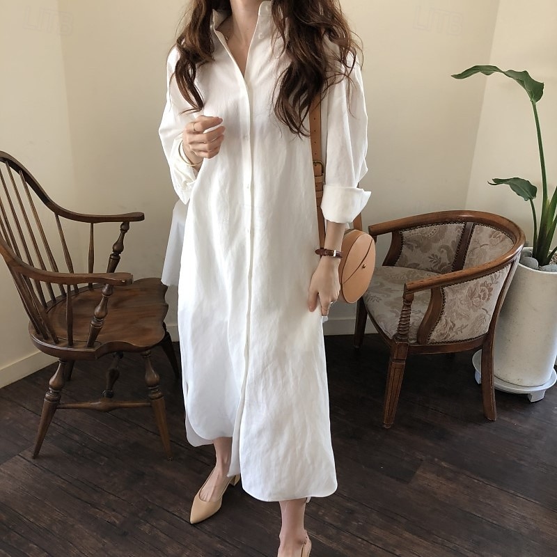 Women's Long Dress Maxi Dress Linen-Inspired Dresses Shirt Dress Casual Dress Stylish Casual Vacation Daily Date Regular Fit Plain Long Sleeve Lapel White Pink Navy Blue Khaki Summer Spring