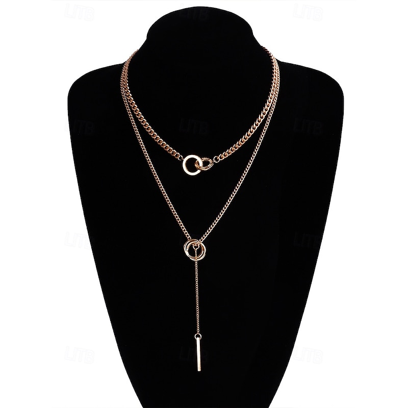 Layered Silver Chain Necklace with Circle and Bar Pendant, Minimalist Statement Jewelry for Women, Perfect for Parties, Dates, and Everyday Wear