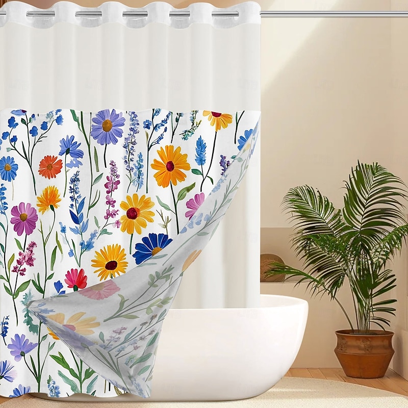 Flower Waffle-Weave Textured Shower Curtain Set with Snap-in Liner and Sheer Window Water-Repellent Polyester Grommet Top,120GSM Hotel Quality Spa Style Bathroom Partition No Hooks Required3