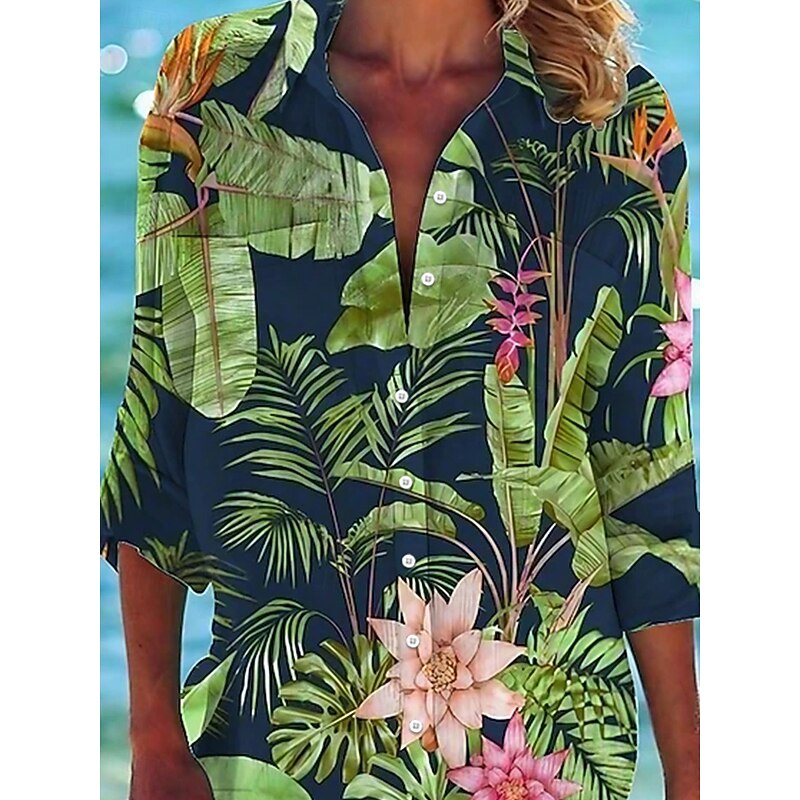 Women's Mini Dress Shirt Dress Hawaiian Shirts Flowy Blue Green Animal Floral Pocket Print Long Sleeve Holiday Casual V Neck Long Summer Holiday Clothes Beach Wear3