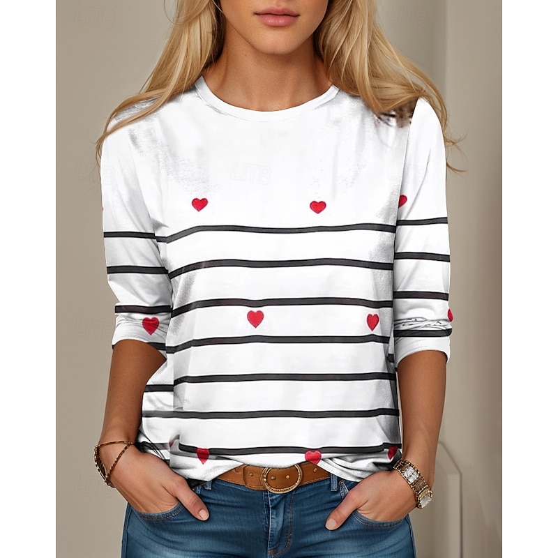Women's T shirt Crew Neck Long Sleeve Tunic Heart Striped Casual  Regular Tops Daily Print White Spring Fall2