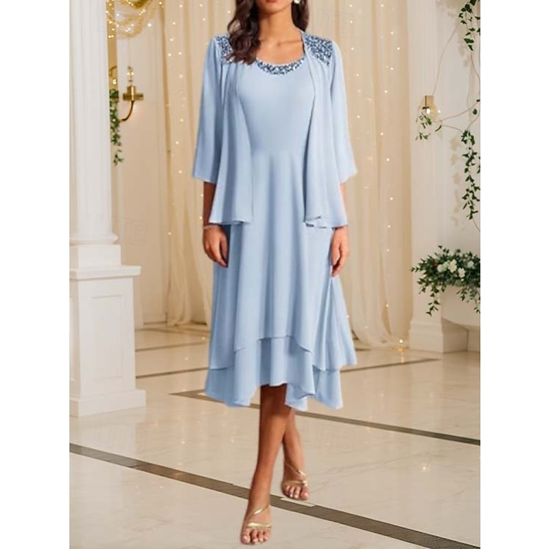 Two Piece Mother of the Bride Dress Formal Wedding Guest Elegant Vintage Crew Neck Tea Length Chiffon Half Sleeve Jacket Dresses with Sequin Cascading Ruffles4