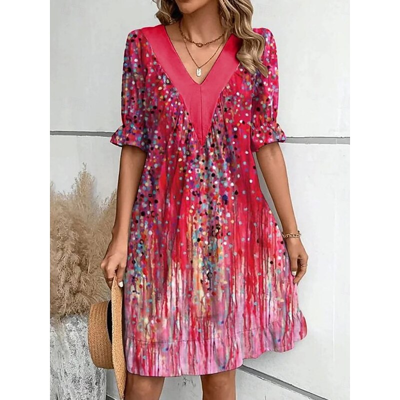 Women's Mini Dress Summer Dress Casual Daily Regular Fit Floral Striped Half Sleeve V Neck Red Light Brown Blue Green Summer Spring
