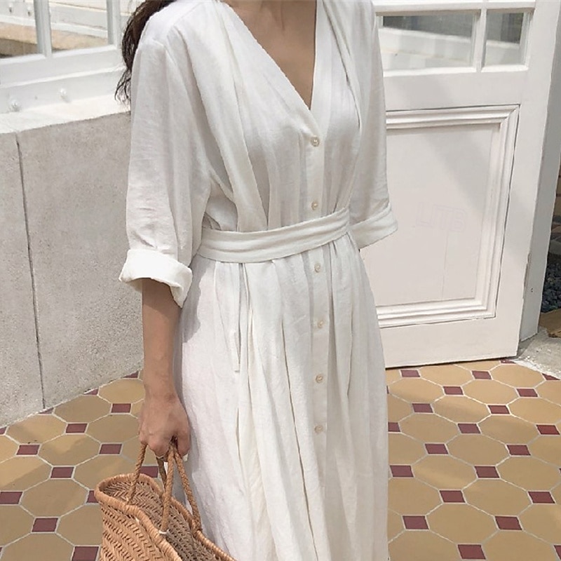 Women's Long Dress Maxi Dress Linen-Inspired Dresses White Dress Casual Dress Stylish Casual Vacation Daily Date Regular Fit Plain Long Sleeve V Neck Black White Summer Spring