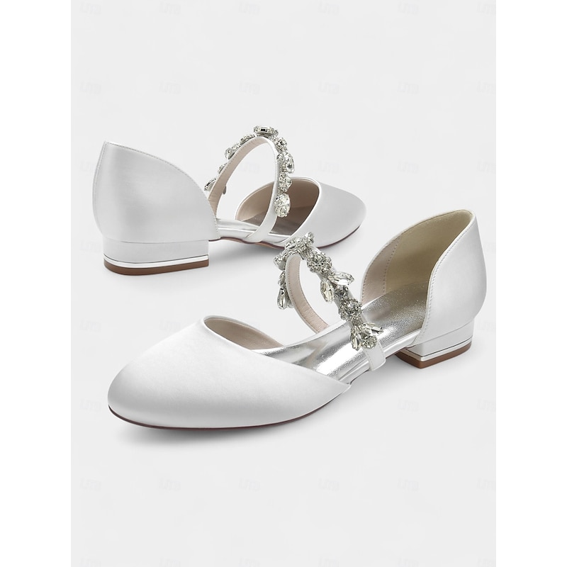 White Satin Closed-Toe Wedding Shoes with Rhinestone Ankle Strap - Bridal for Special Occasions3