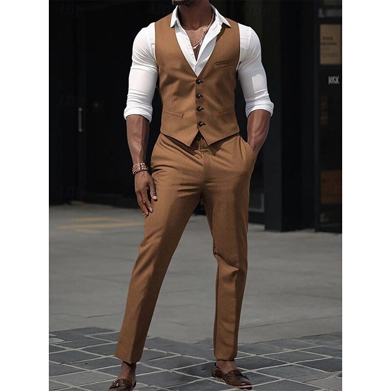 Men's Wedding Casual Suits Brown Fashion Daily Solid Colored Standard Fit 2 Piece