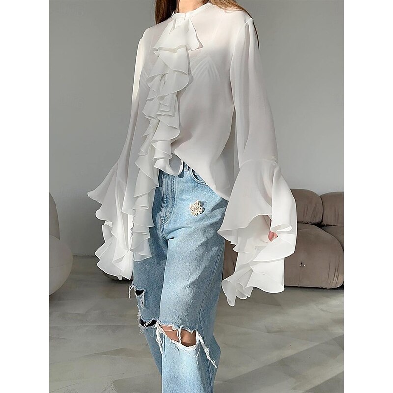 Women's Shirt Blouse Solid Color Elegant Stylish Casual Long Sleeve Crew Neck Regular Tops Work Daily Holiday Ruffle Black White Spring Fall Winter3
