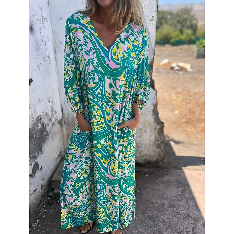 Women's Maxi Dress Casual Dress Boho Chic Dresses Boho Dress Bohemia Cute Stylish Lantern Sleeve Vacation Daily Date Loose Fit Graphic Half Sleeve V Neck Pink Green Summer Spring Fall4