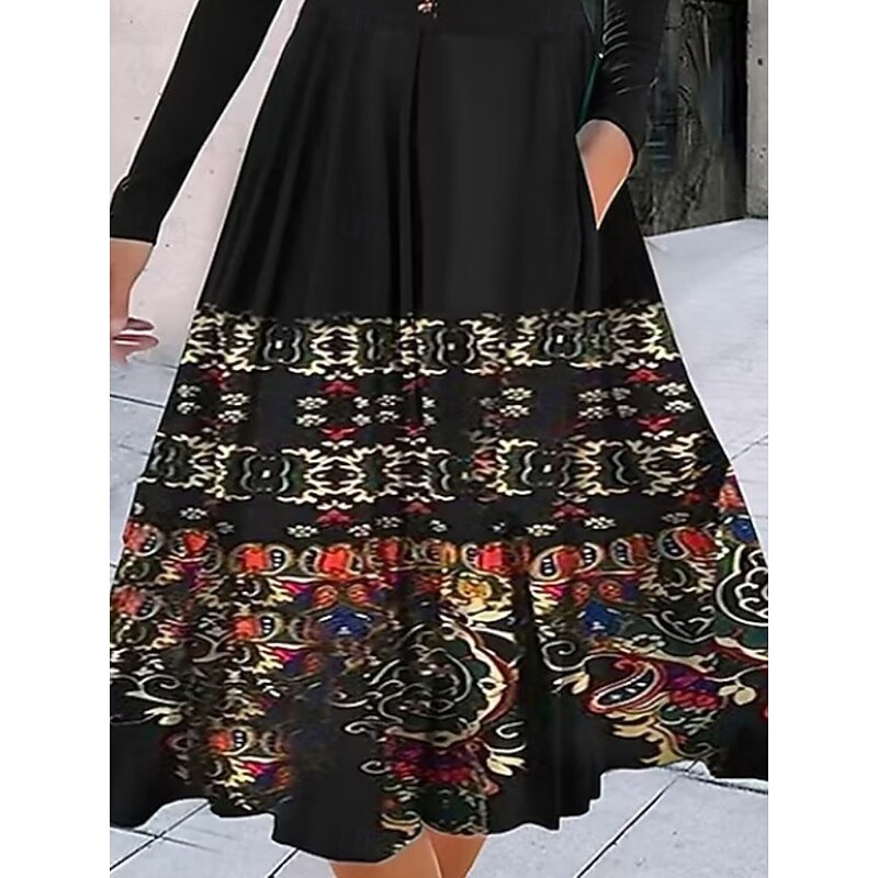 Women's Midi Dress Casual Dress Swing Dress A Line Dress Boho Dress Vintage Ethnic Casual Vacation Daily Regular Fit Floral Long Sleeve Crew Neck Black Summer3