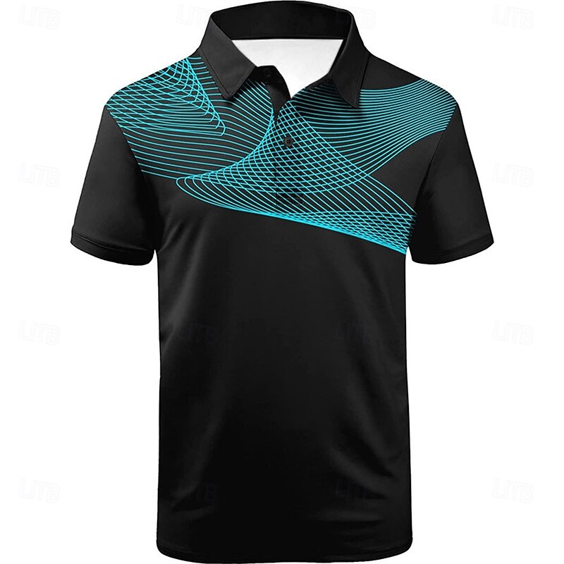 Men's Striped Sports Polo Shirts Golf Shirt Short Sleeve Polo Shirts Collared Shirts Casual Sportswear Vacation Wear Buttons 3D Print Black and Red Black-White Black2