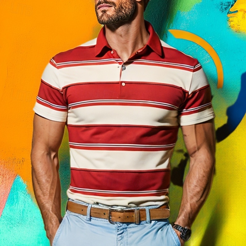 Men's Stripes Rugby Polo Shirts Short Sleeve Polo Shirts Lapel 3D Print Modern Comfortable Work Casual Sports Holiday Buttons Summer Spring Red Green